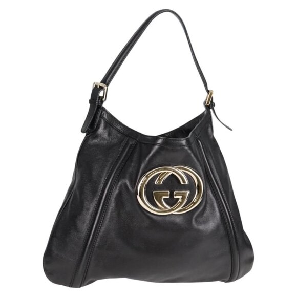 GUCCI Interlocking Shoulder Bag Leather Black Gold 162740 Auth yk18065AV - Picture 1 of 15